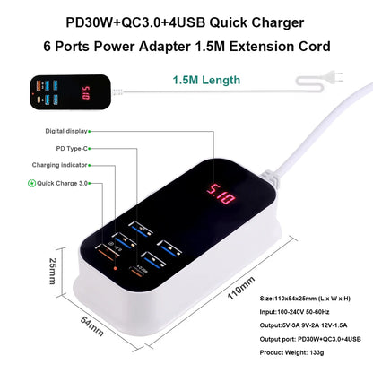 Carregador USB múltiplo para celular, PD 30W, tipo C,  carregador 3.0