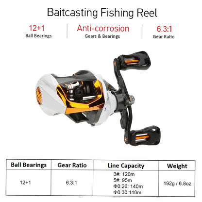 Carretilha Lixada-High Speed Fishing Reel com sistema de freio magnético, rolamentos de esferas, Baitcasting Reel, Fly Wheel, 12 + 1