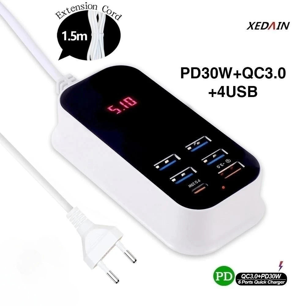 Carregador USB múltiplo para celular, PD 30W, tipo C,  carregador 3.0