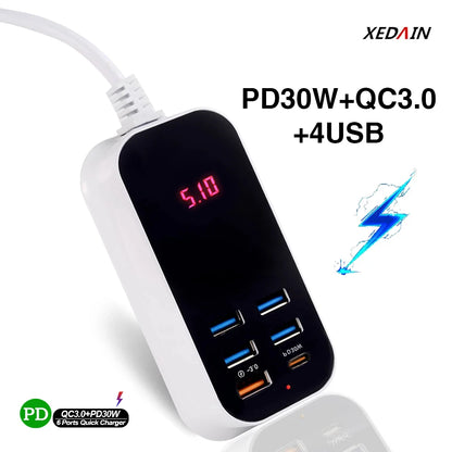 Carregador USB múltiplo para celular, PD 30W, tipo C,  carregador 3.0